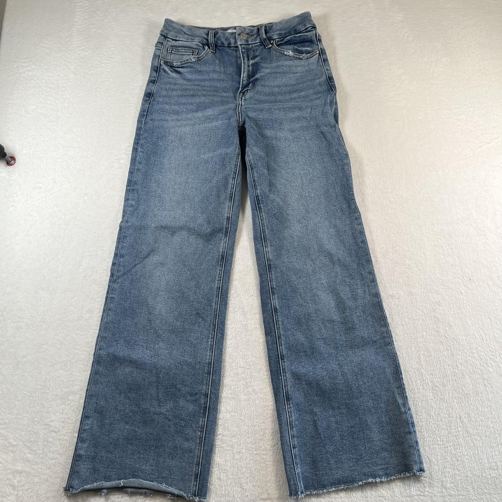 Mica Super High Rise Wide Crop Ankle 27 Blue Medium Wash Raw Hem Stretch
